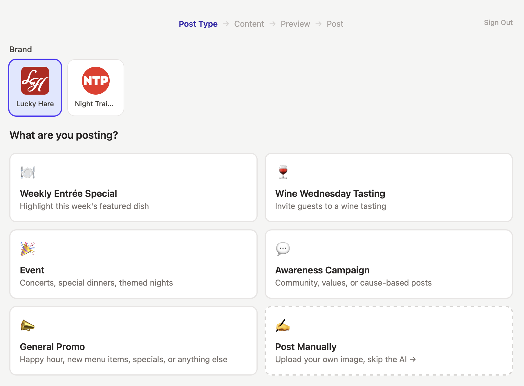 Step 1 — post type selector showing brand choice and post categories