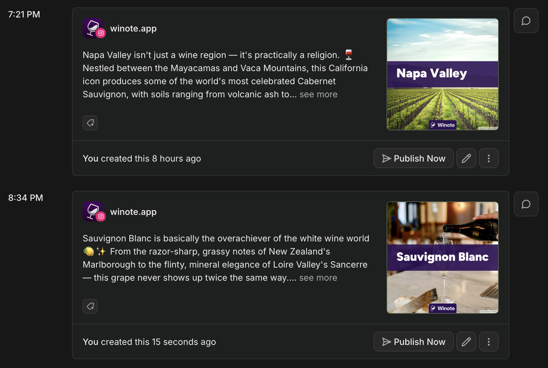 Two Winote Instagram posts queued in Buffer, about Napa Valley and Sauvignon Blanc, each with a generated branded image.